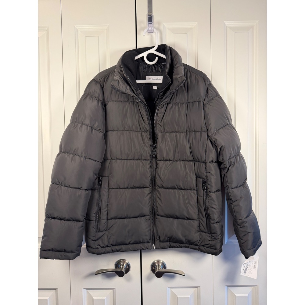 Calvin Klein Mens Puffer Jacket Charcoal Gray Quilted Zip Up Coat Size M